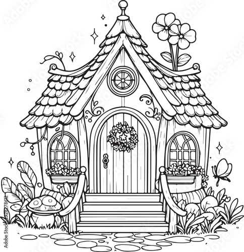 Fairy house line art coloring book illustration for kids