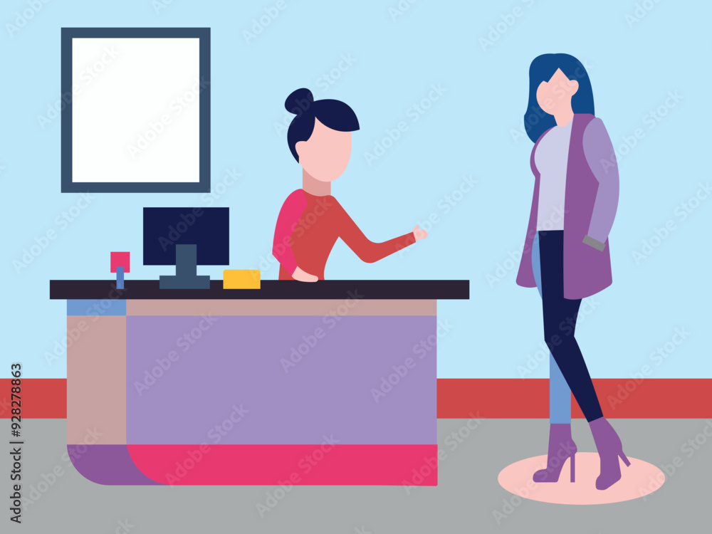 The girl is talking to the hotel receptionist. The girl is talking to the hotel receptionist.