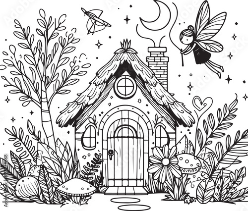 Fairy house line art coloring book illustration for kids
