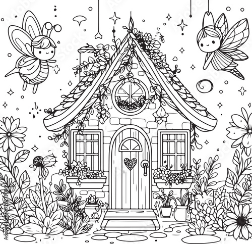 Fairy house line art coloring book illustration for kids