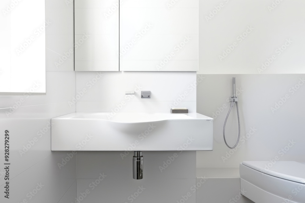 Simple and modern white bathroom with a white sink and minimal fixtures, showcasing minimalism. Simple and modern white bathroom with a white sink and minimal fixtures, showcasing minimalism.