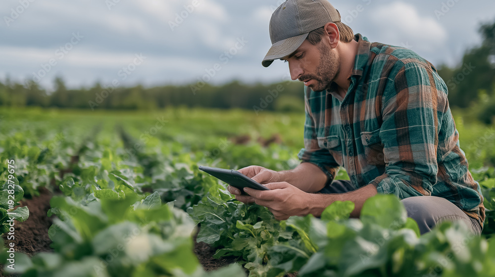 A man is sitting in a field and looking at a tablet. He is wearing a hat and a plaid shirt A man is sitting in a field and looking at a tablet. He is wearing a hat and a plaid shirt