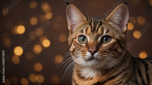 Funny muzzle of a Bengal cat on a brown background.