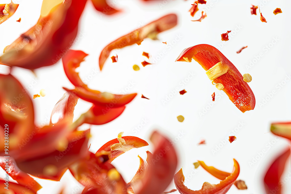 Falling chili pepper slices, isolated on white background