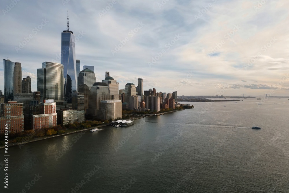 Obraz premium New York skyline landmarks skyscrapers. Travel to America. New York USA. View of Manhattan in New York. New York City USA midtown Manhattan financial district skyline. NYC from drone. NYC aerial view.
