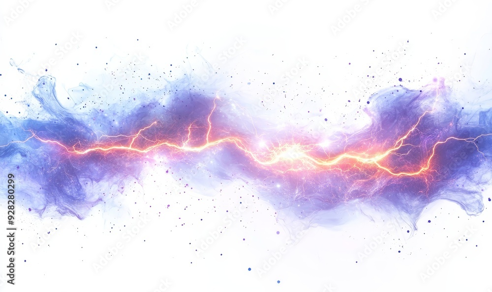 Fototapeta premium A flash of lightning and thunder spark on a white background. Modern lightning, electricity blast, or thunderbolt in the sky. Natural phenomenon, Generative AI
