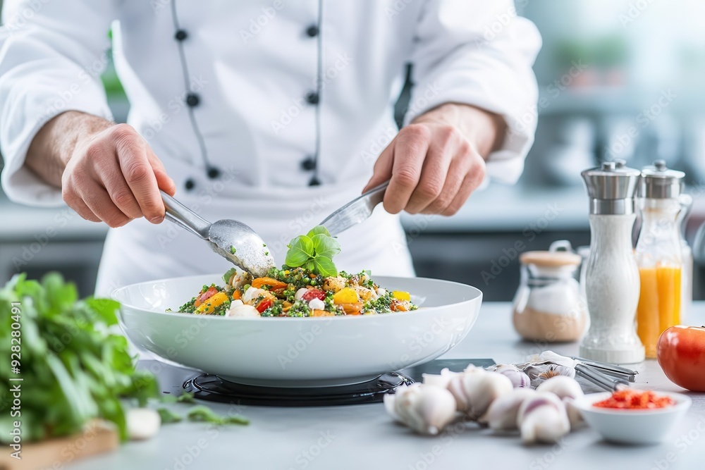 A chef preparing a gourmet dish in a high-end restaurant kitchen, with fresh ingredients and cooking utensils visible A chef preparing a gourmet dish in a high-end restaurant kitchen, with fresh ingredients and cooking utensils visible
