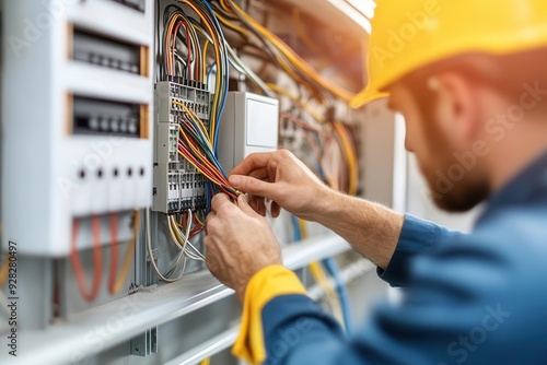 An electrician installing wiring in a new home, with cables, switches, and electrical panels in view