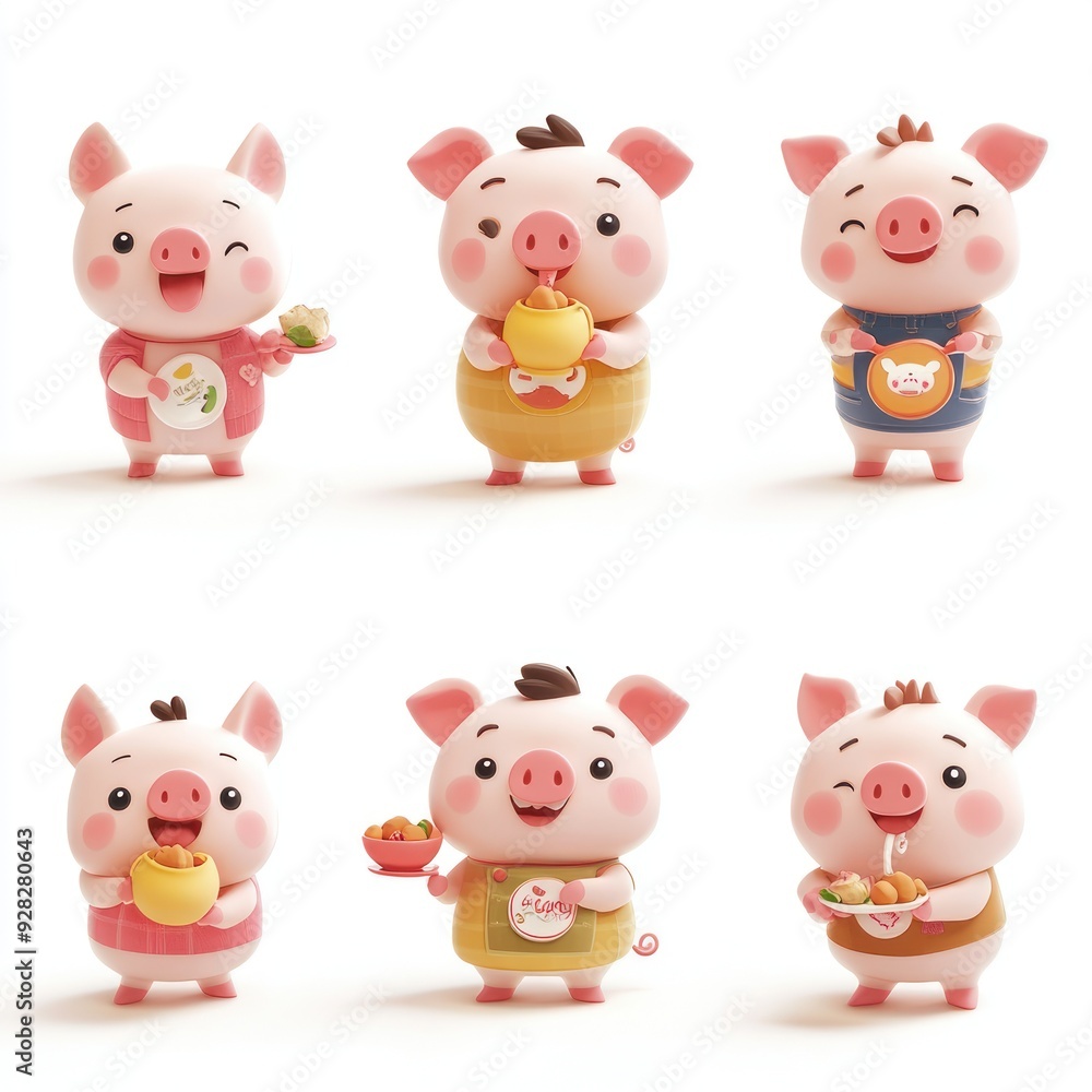 Cute cartoon pigs engaging in various food-related activities. Cute cartoon pigs engaging in various food-related activities.