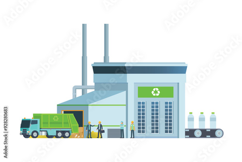 Green waste recycling plant. Modern flat style, Eco factory illustration. Dump truck and waste management building.