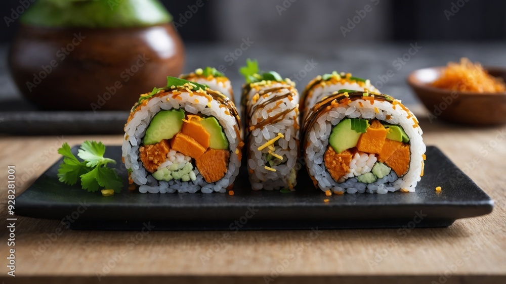 These vegetarian buckwheat sushi rolls are packed with tempurafried sweet potato and drizzled with a tangy ginger sauce. These vegetarian buckwheat sushi rolls are packed with tempurafried sweet potato and drizzled with a tangy ginger sauce.