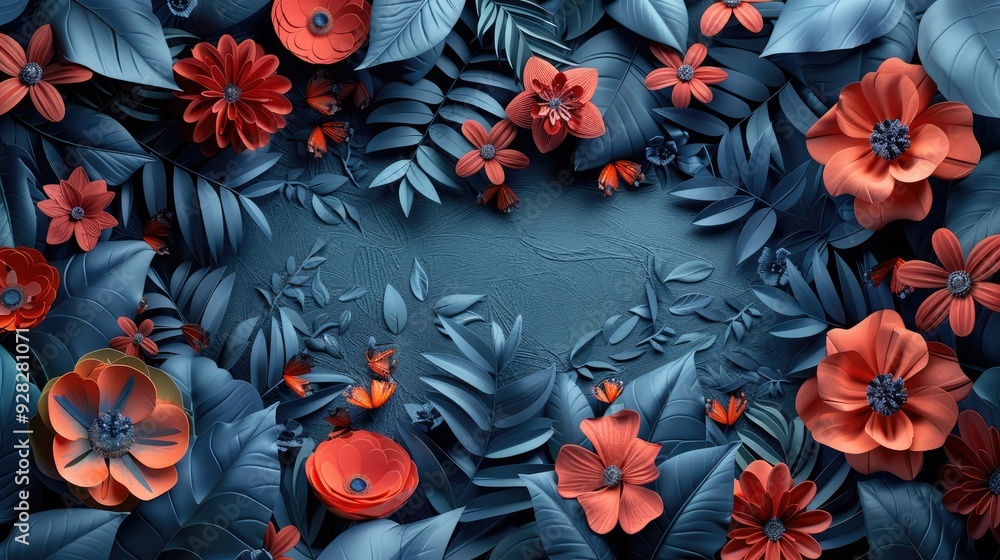 various flowers and leaves, with dark red and light blue tones various flowers and leaves, with dark red and light blue tones