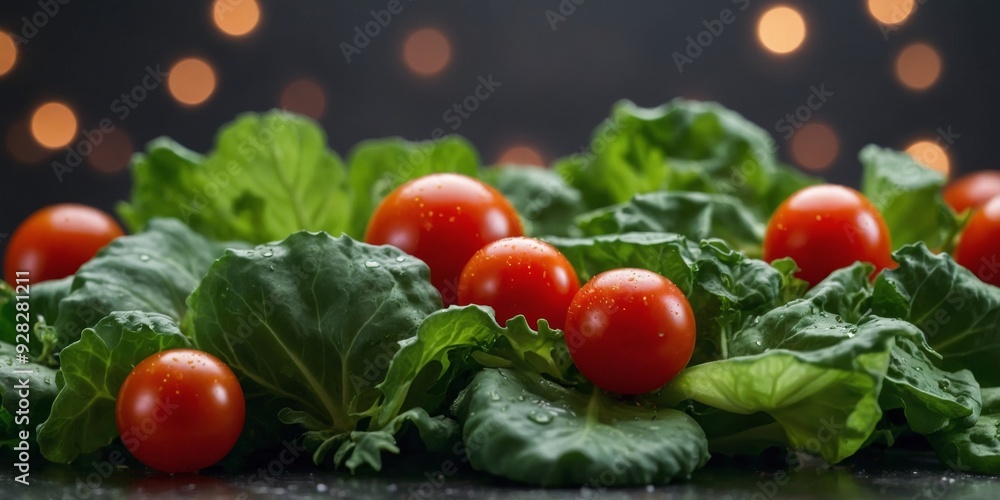 A delicious combination of leafy greens adorned with ripe cherry tomatoes and mini cucumbers. A delicious combination of leafy greens adorned with ripe cherry tomatoes and mini cucumbers.