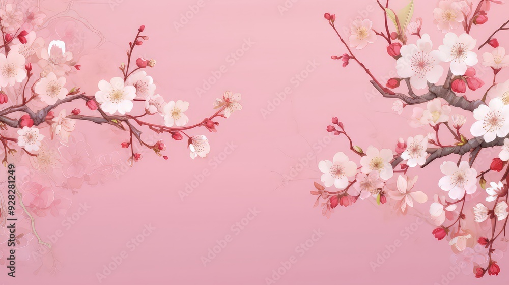 Fototapeta premium Pink Cherry blossom Illustration. Frame of Sakura Cherry Blossoms Spring flower