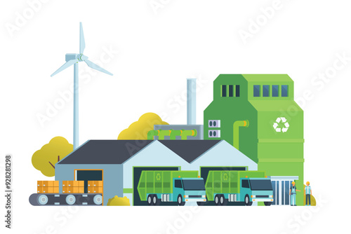 Green waste recycling plant. Modern flat style, Eco factory illustration. Dump truck and waste management building.