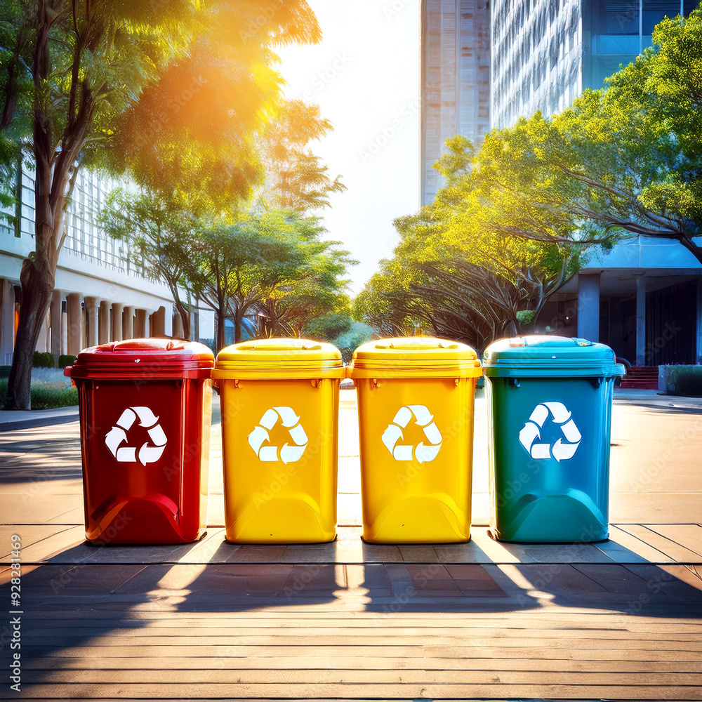 Colorful Recycling Bins in a Sunlit Urban Setting Colorful Recycling Bins in a Sunlit Urban Setting