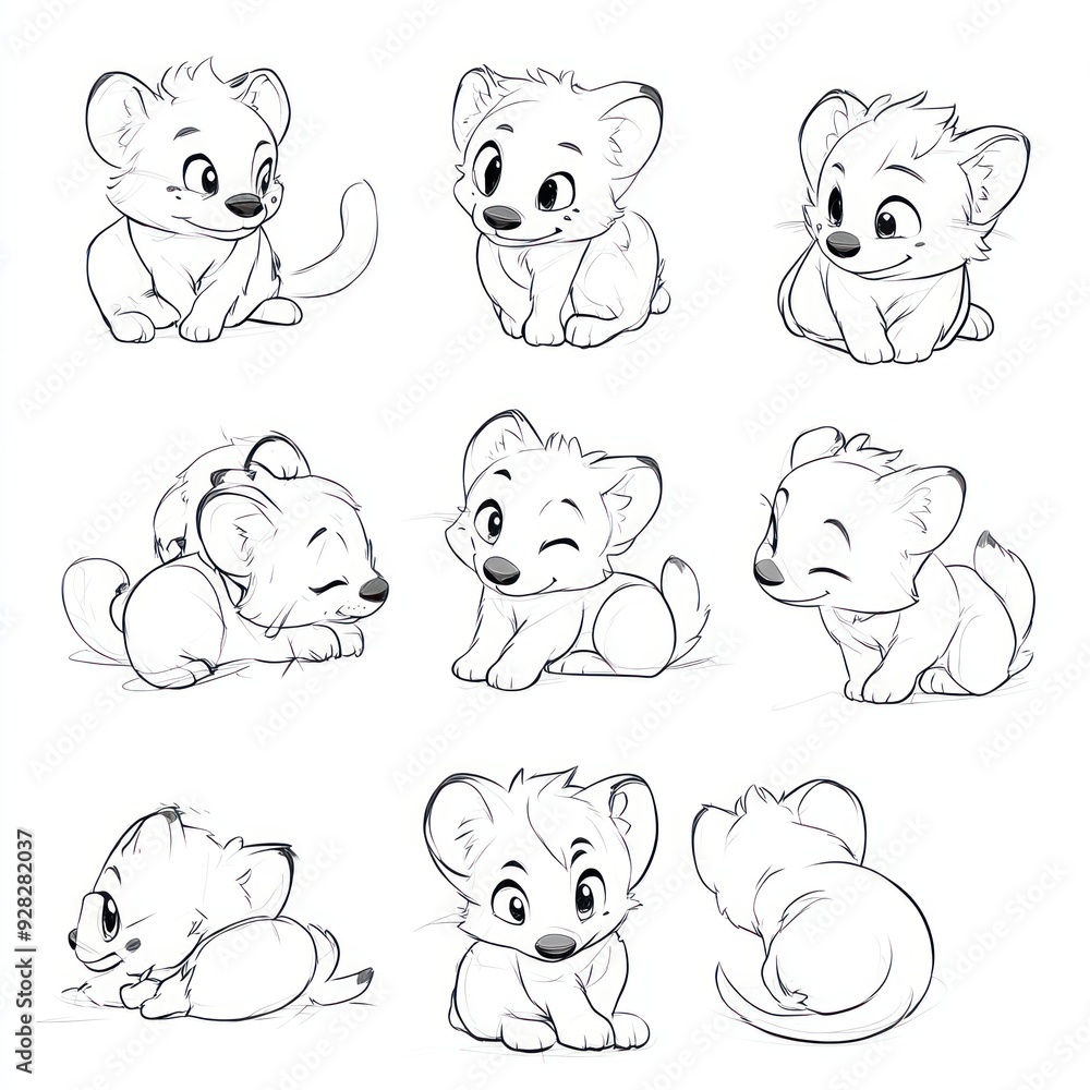 A collection of cute, playful lion cub illustrations in various poses and expressions. A collection of cute, playful lion cub illustrations in various poses and expressions.