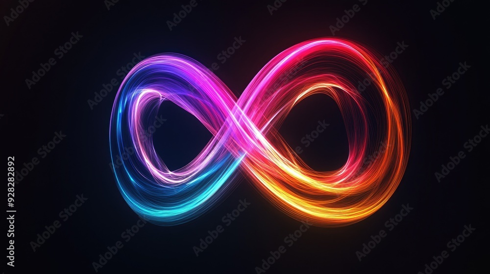 Dynamic, abstract infinity symbol in neon colors, creating a glowing effect on a black background. Dynamic, abstract infinity symbol in neon colors, creating a glowing effect on a black background.