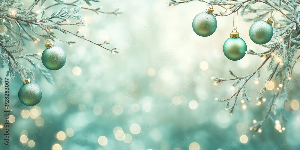 Obraz premium Frosty green Christmas ornaments on snow-covered branches, set against a soft focus wintry background with glowing lights, capturing the serene and magical essence of the season.