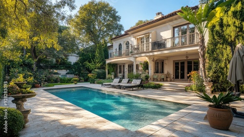 Grand estate with a pool and garden, offering a serene setting with ample copy space.