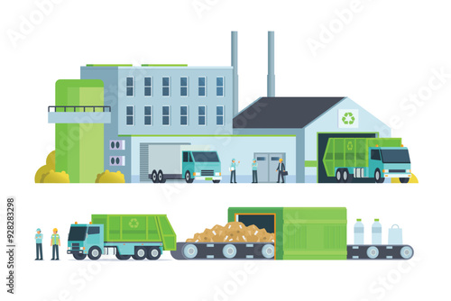Green waste recycling plant. Modern flat style, Eco factory illustration. Dump truck and waste management building.