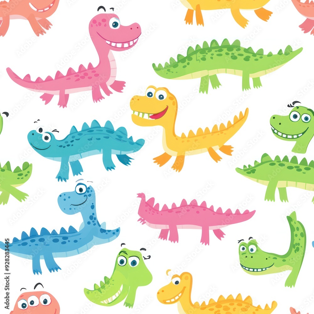 Naklejka premium A colorful pattern of cartoon dinosaurs in various poses and colors on a white background.