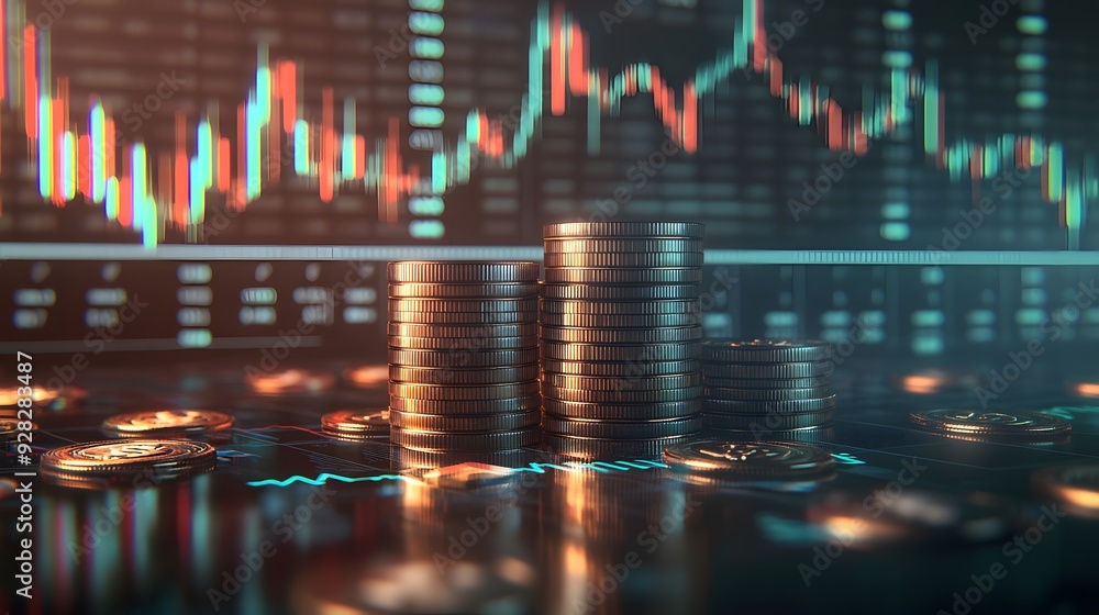 Stacks of cryptocurrency coins with financial charts in the background, representing digital currency trading, investment, and market analysis. Stacks of cryptocurrency coins with financial charts in the background, representing digital currency trading, investment, and market analysis.