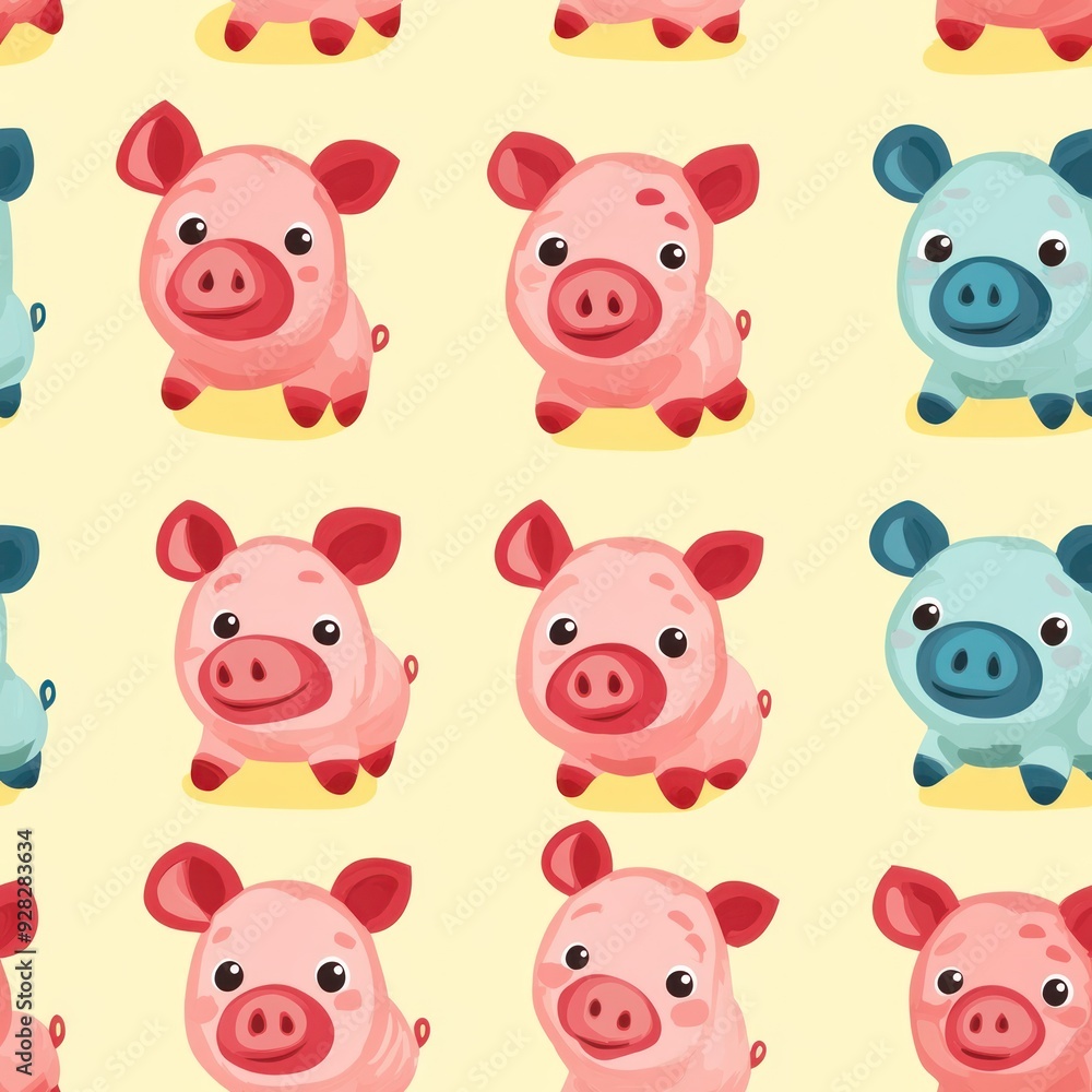 A colorful pattern featuring cute cartoon pigs in various colors on a light background. A colorful pattern featuring cute cartoon pigs in various colors on a light background.