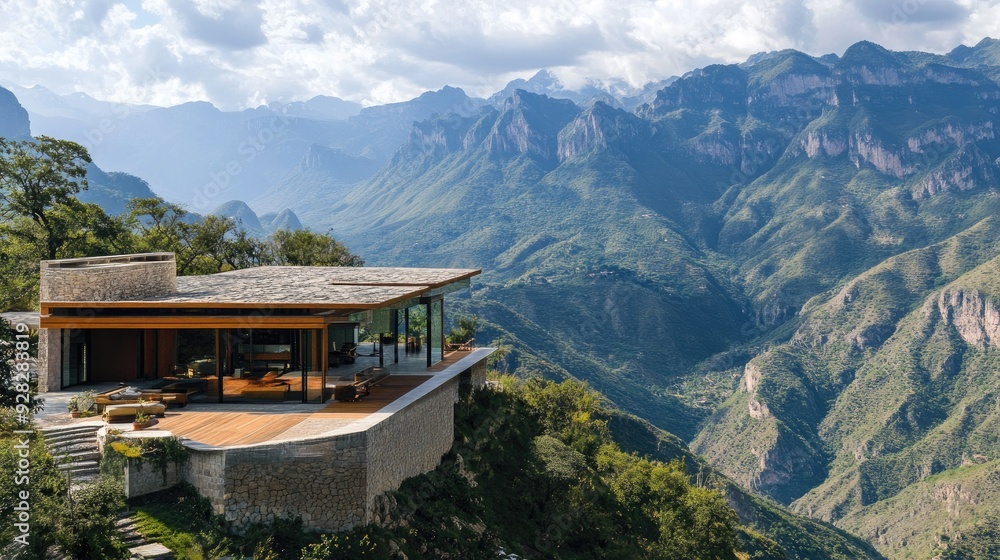 Stunning house perched on a mountainside, with vast views of the surrounding peaks, seen from above. Stunning house perched on a mountainside, with vast views of the surrounding peaks, seen from above.