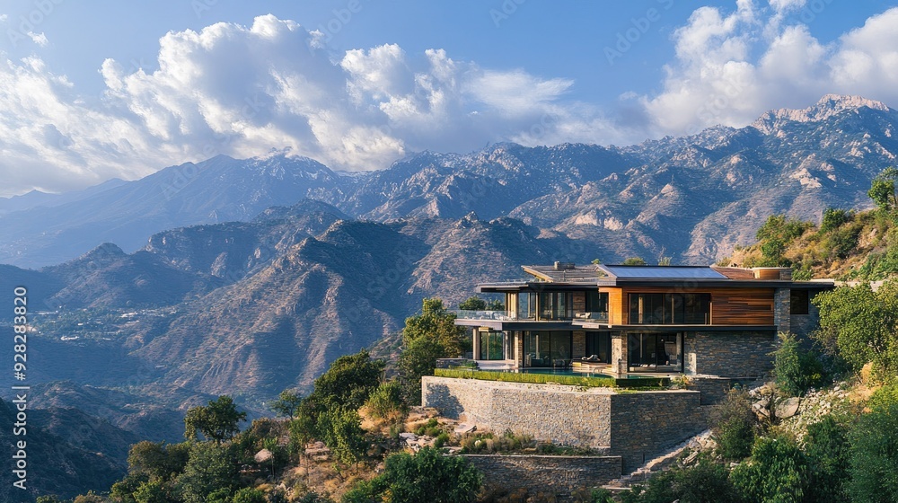 Stunning house perched on a mountainside, with vast views of the surrounding peaks, seen from above. Stunning house perched on a mountainside, with vast views of the surrounding peaks, seen from above.