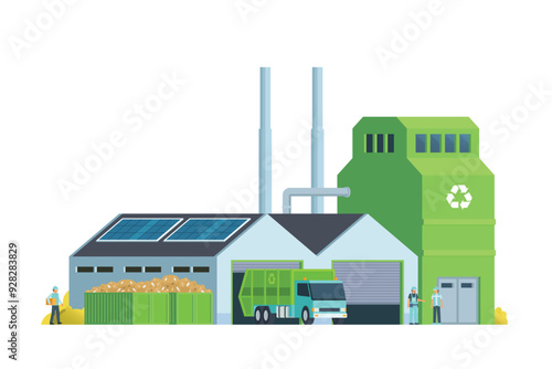 Green waste recycling plant. Modern flat style, Eco factory illustration. Dump truck and waste management building.