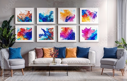 Modern Living Room With Sofa and several Wall Art frames on the wall | Living Room Interior | Minimalist White Colored Sofa Set with Framed Wall Art