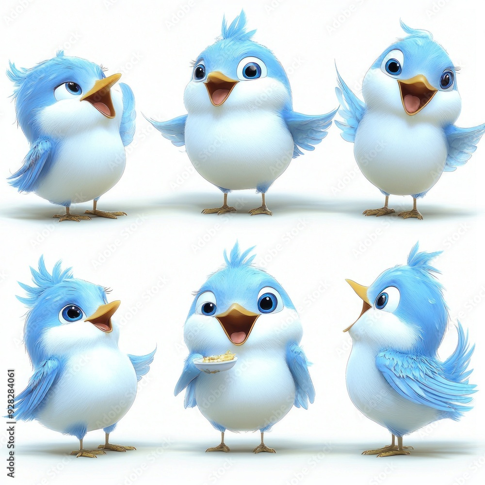 Naklejka premium Cute animated blue birds expressing various joyful emotions.