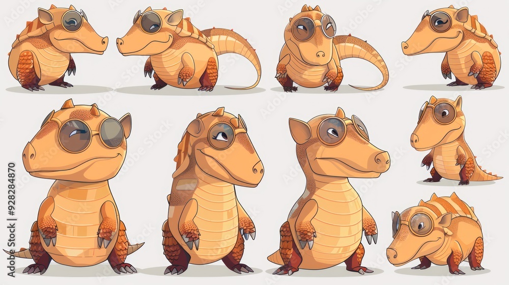 Fototapeta premium A collection of cartoon-style dinosaur characters in various poses and expressions.