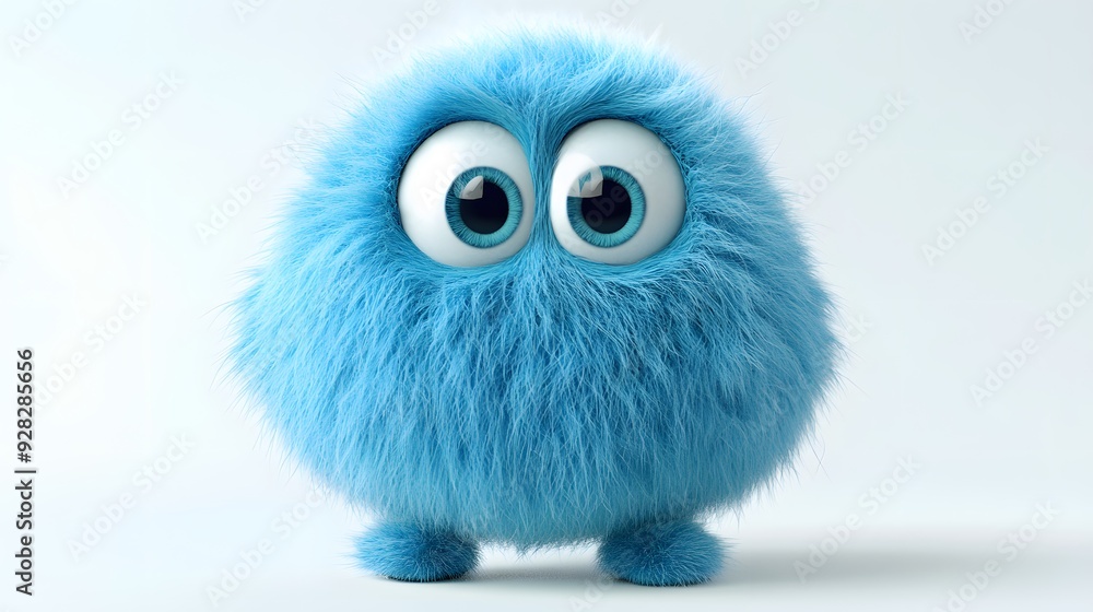 3D illustration of a cute, fluffy blue creature with large, expressive eyes, standing against a white background. Simple and charming. 3D illustration of a cute, fluffy blue creature with large, expressive eyes, standing against a white background. Simple and charming.