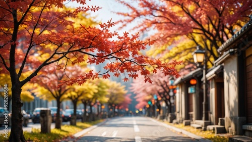 Close-Up of Momiji Branch with Japan Street Bokeh Background