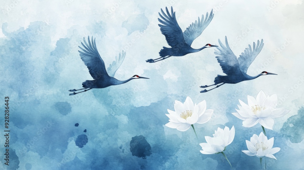 Three graceful cranes soar above serene white lotus flowers, evoking tranquility and harmony. Three graceful cranes soar above serene white lotus flowers, evoking tranquility and harmony.