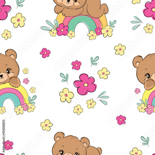 Seamless pattern with cute Teddy Bear and rainbow vector, Kids trend print