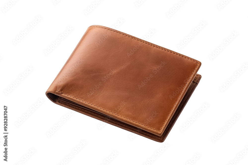 A Distressed Leather Wallet Resting on a White Surface on a White or Clear Surface PNG Transparent Background. A Distressed Leather Wallet Resting on a White Surface on a White or Clear Surface PNG Transparent Background.