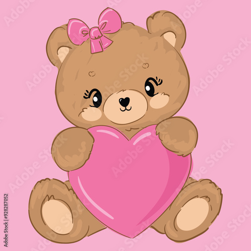 Teddy Bear and Heart vector hand drawn illustration cute print design for kids