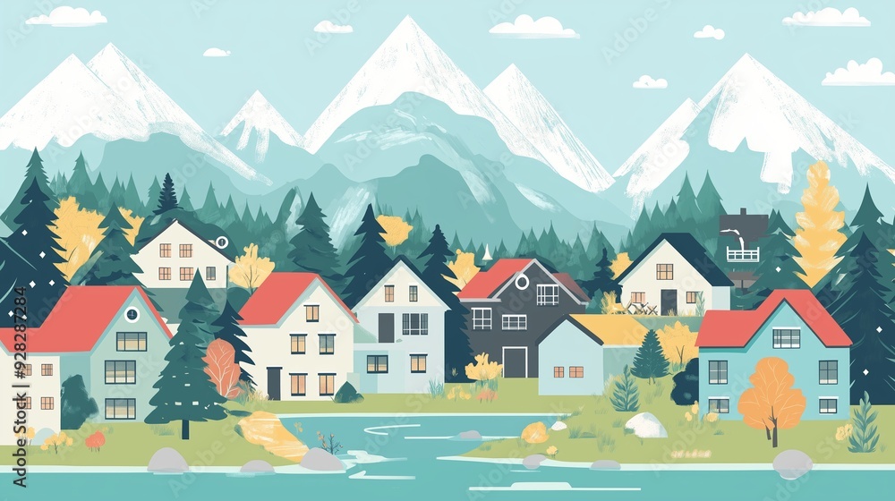 Colorful houses by a serene lake with mountains in the background during autumn Colorful houses by a serene lake with mountains in the background during autumn