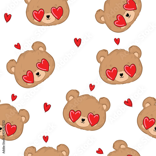 Seamless pattern with cute Teddy Bear and hearts vector, Kids trend print