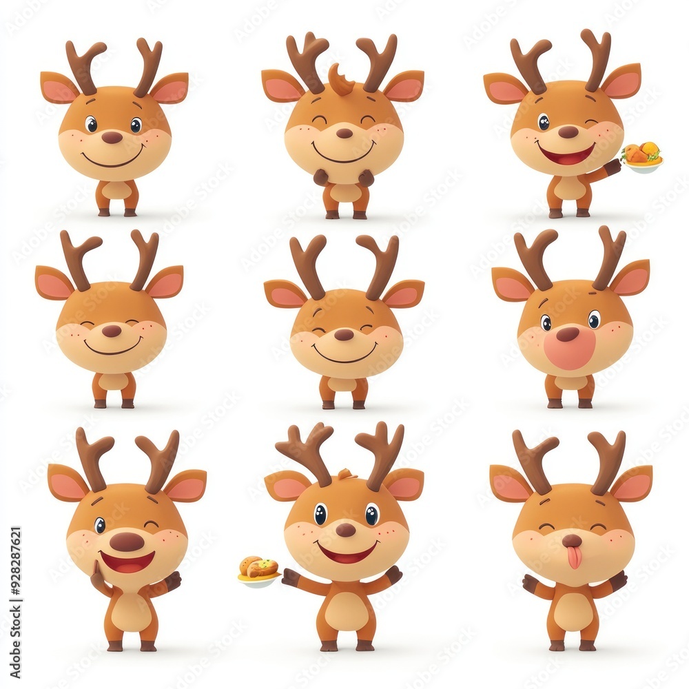 A collection of cute cartoon reindeer with various expressions and poses. A collection of cute cartoon reindeer with various expressions and poses.