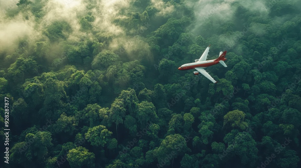 A red and white airplane flying through a forest A red and white airplane flying through a forest