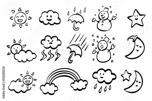 Cute hand-drawn weather set, monochrome