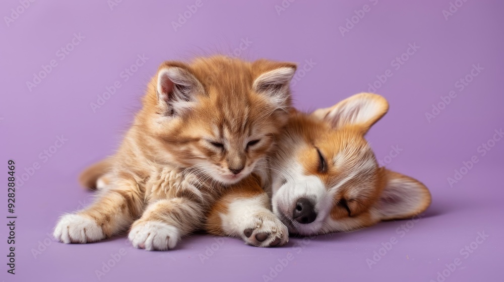 adorable sleeping kitten and corgi puppy on pastel background, isolated cute animal pair in peaceful sleep, perfect for pet lovers and animal-themed visuals adorable sleeping kitten and corgi puppy on pastel background, isolated cute animal pair in peaceful sleep, perfect for pet lovers and animal-themed visuals