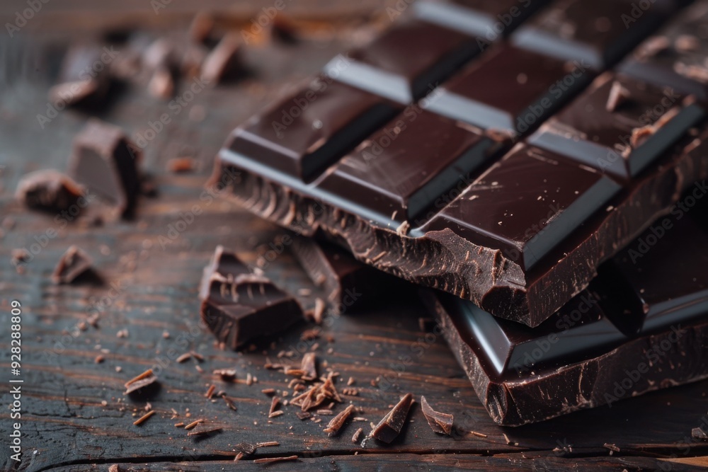 Dark chocolate bars with broken pieces on wood Dark chocolate bars with broken pieces on wood