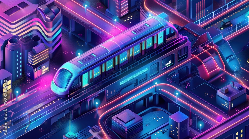 Futuristic Cityscape with Neon Lights and a Train Futuristic Cityscape with Neon Lights and a Train