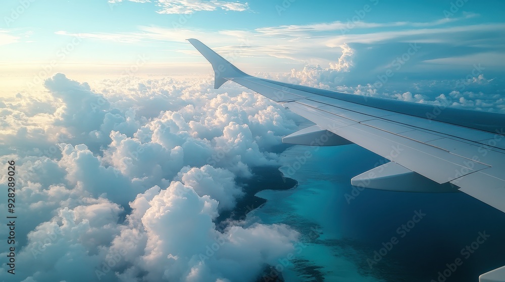 Fototapeta premium A plane is flying through a cloudy sky with a blue ocean below