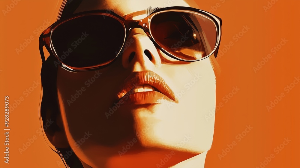 Woman wearing sunglasses with a vibrant orange background, showcasing a confident pose during bright daylight Woman wearing sunglasses with a vibrant orange background, showcasing a confident pose during bright daylight